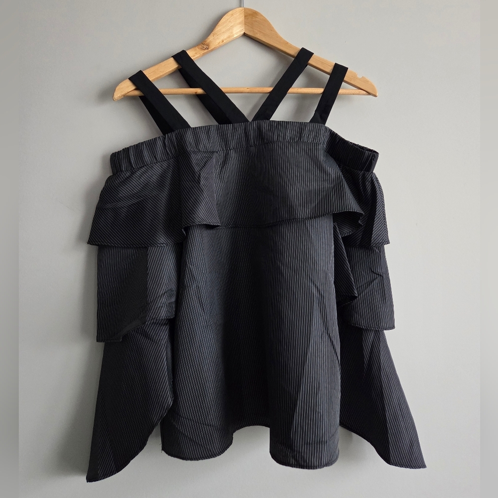 Love J Black Pinstripe Off Shoulder Ruffle Top Strappy Back Blouse Chic Modern S
